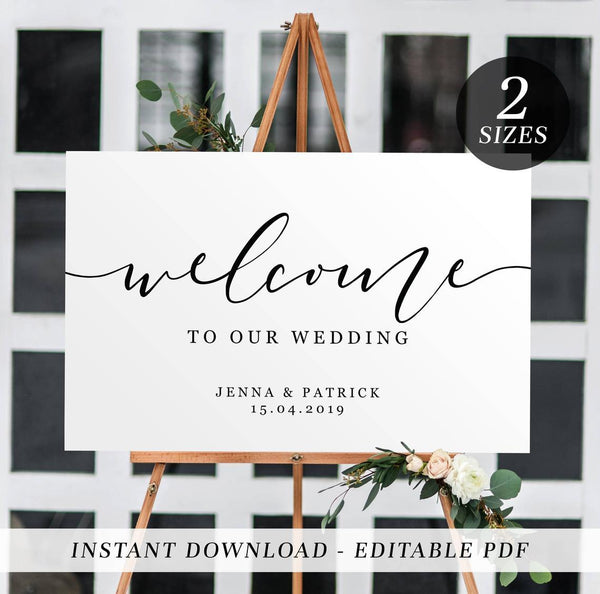 Printable Wedding Welcome Sign | Editable Template Welcome Sign | Black and White Calligraphy | Instant Download | Landscape Welcome Sign