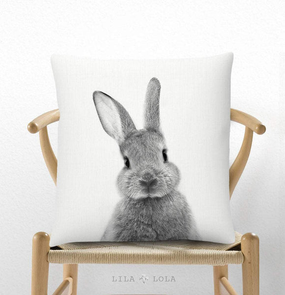 Bunny Rabbit Pillow, Cushion, Nursery Decor, Bunny Print, Kids Room, Childrens Bedroom, Woodlands, Black White and Grey, Gender Neutral Gift