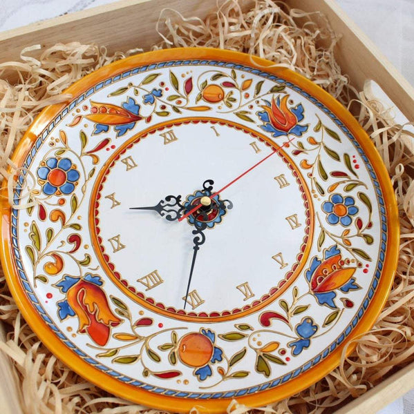 Wall clock decorative for kitchen - 27 cm - Ceramic plate wall clock Large orange clock Majolica Housewarming gift for women