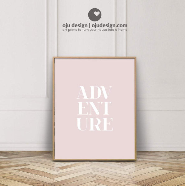 Adventure Print - Blush Pink Wall Art - Light Pink Wall Decor - One Word Quotes - Minimalist Quote Poster - Printable Typography