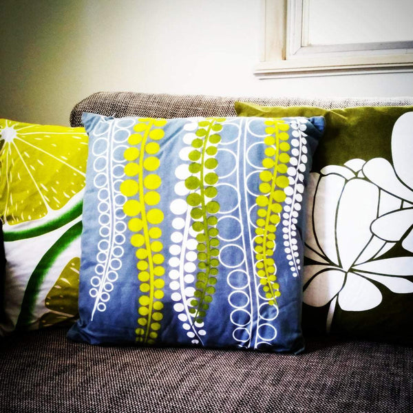 Brushed vine green, white and grey cushion covers