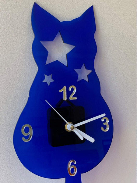 Wall clock with original design of a cat with stars blue silver numbers and white arms kids bedroom home decoration