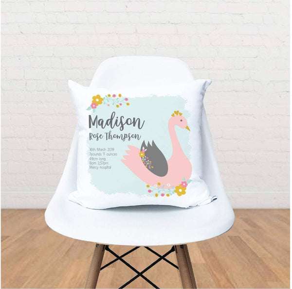 Birth Stat Pillow, Birth Announcement, Swan Nursery, Swan Nursery Decor, Birth Stat Cushion, Swan Pillow, Girls Coming Home, Birth Cushion