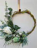 Image of Green and white wreath. Protea, thistle, eucalyptus. Australian christmas wreath, door decoration. Mossy vine wreath.