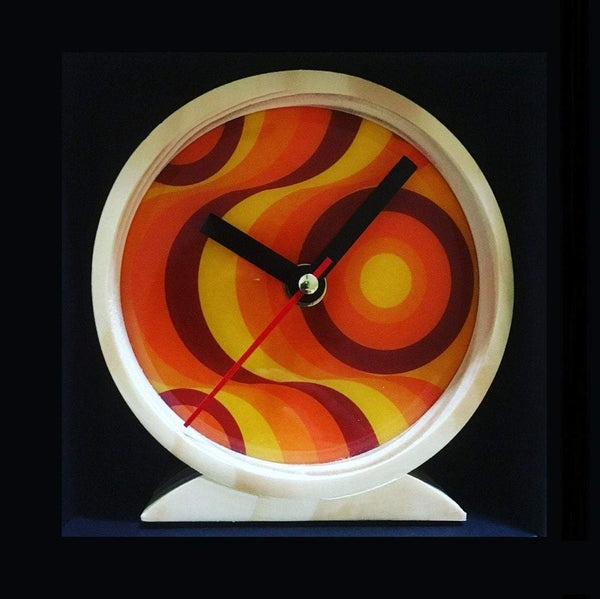 Mantle Clock made from up-cycled CD, reclaimed timber, original artwork, resin coating, ethical, sustainable, quirky, statement piece