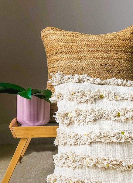 satTva Boho Handwoven Set of 2 Cushions Cover ~ Decorative Neutral Cream Cushion with Fringes 18