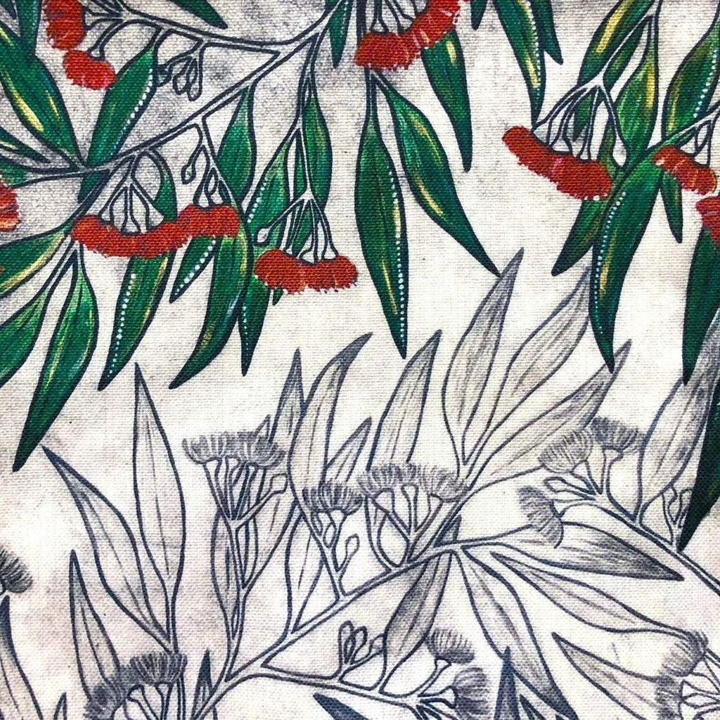 Designer art cushion, linen cotton canvas fabric, red green grey flowers, Australian gum leaves