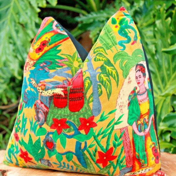 Linen Connections Frida Kahlo Velvet Cushion Cover Frida's Garden Cushion Handmade Mexico Muertes Decorative Cushion 100% cotton velvet