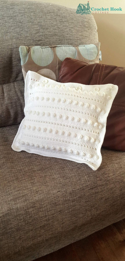 White Cushion Cover "String of Pearls", approximately 38cm (15") square, crocheted with cotton-acrylic blend yarn