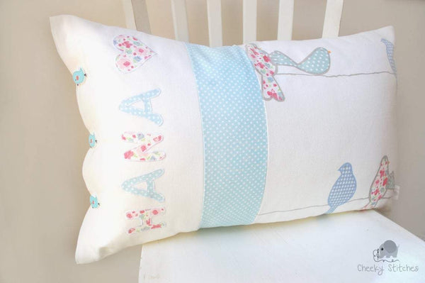 Personalized baby pillow soft pink and aqua blue teal with name appliqué, custom name pillow, nursery pillow birds