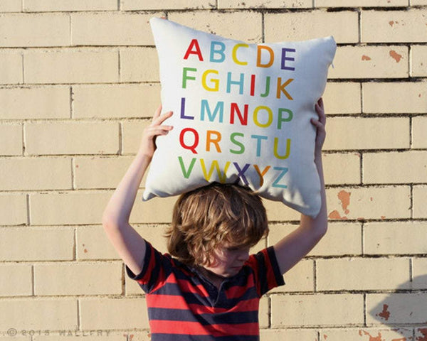 Alphabet throw pillow cushion. 18x18 inch. Nursery decor, Bright colorful ABC pillow, ABC cushion. Professionally printed soft fabric