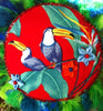 Image of Bird cushion, red cushion, round cushion, toucan cushion, boho cushion, feather cushion, tropical cushion, tropical decor, bird decor