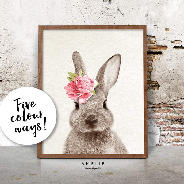 Bunny Rabbit Print, Nursery Printable Wall Art, Woodland Decor, Nursery Animal Poster, Watercolour Flower, Digital Download, Woodland Bunny