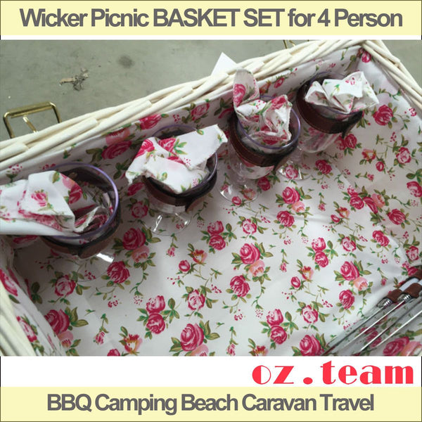 Wicker Picnic BASKET SET for 4 Person, BBQ Camping Beach Caravan Travel