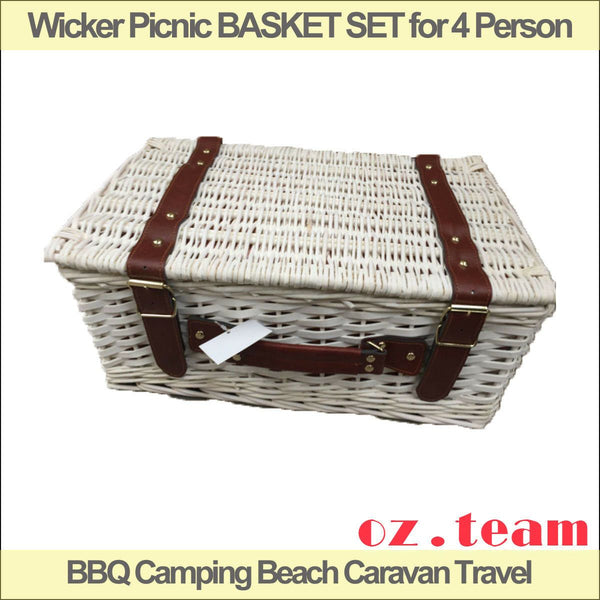 Wicker Picnic BASKET SET for 4 Person, BBQ Camping Beach Caravan Travel