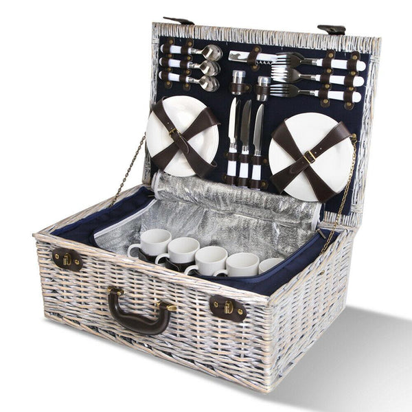 Alfresco Picnic Basket 6-Person Cooler Bag Wicker PU Fastening Straps Plates